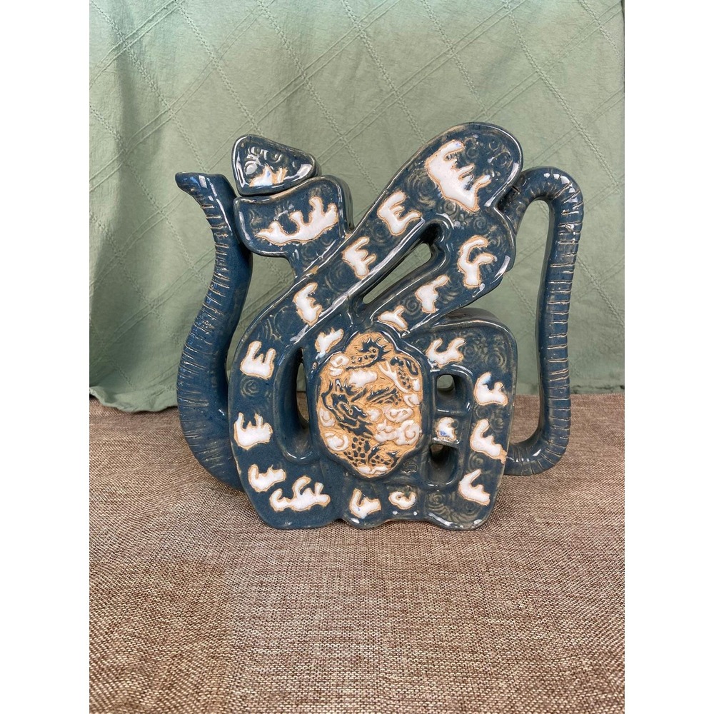 Dragon Teapot Puzzle Pot Sculptural Asian Decor Rare Vintage Blue Ceramic Ever